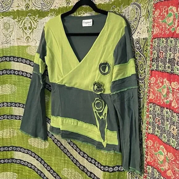 Y2K Original Design Patchwork Green Appliqué Top Size Small - Picture 6 of 12